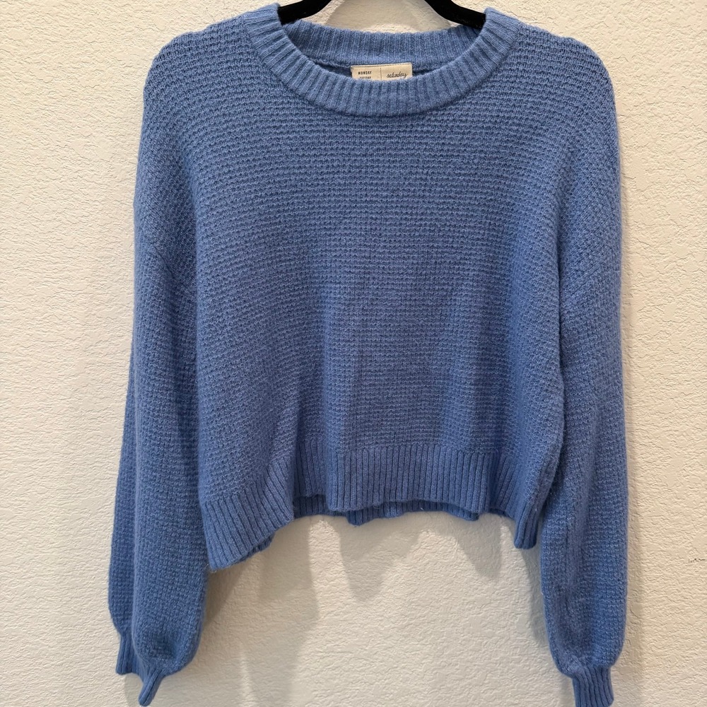 Saturday Sunday Anthropologie Blue Waffle Knit Cropped Crewneck Sweater Medium